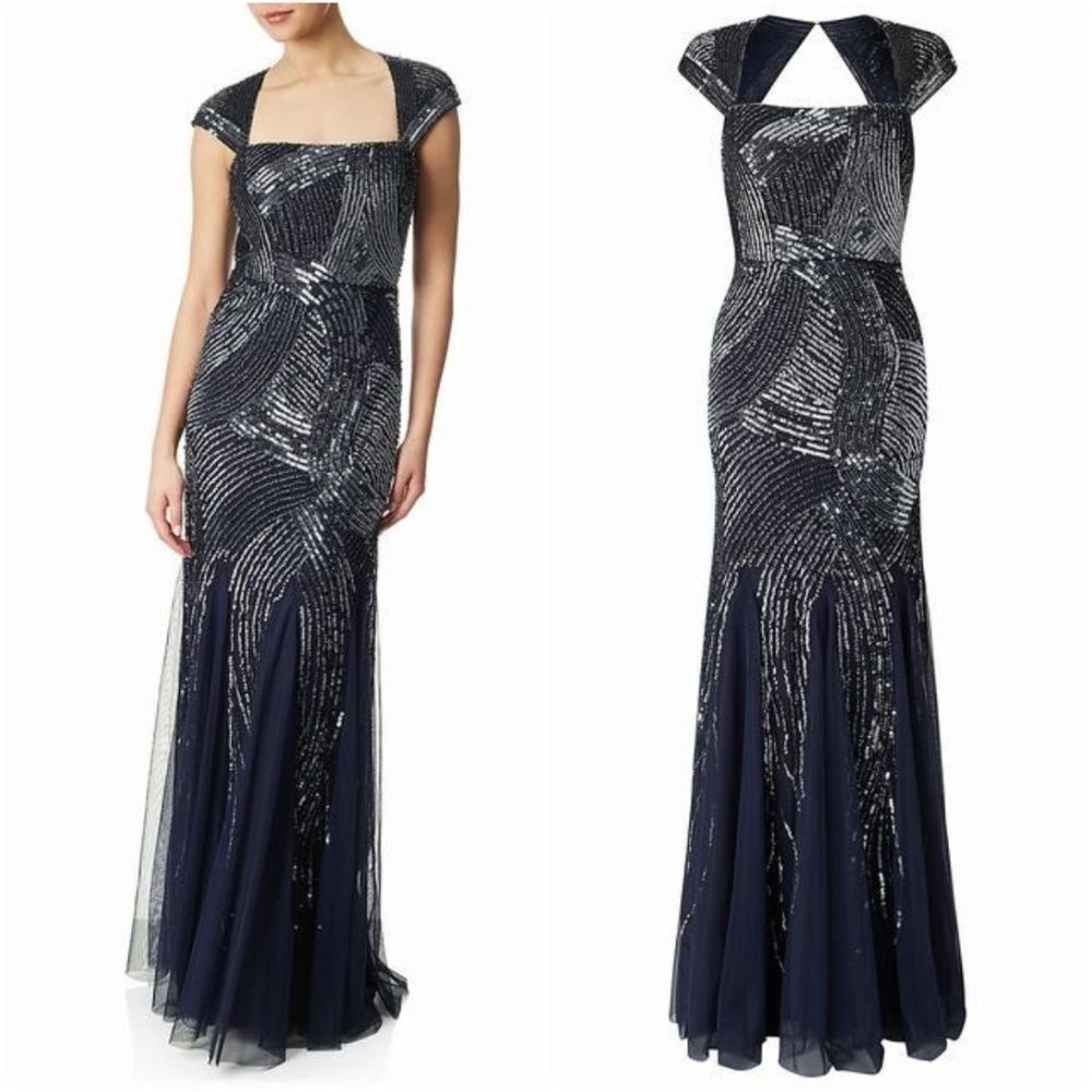 Adrianna Papell Cap Sleeve Fully Beaded Gown-Navy